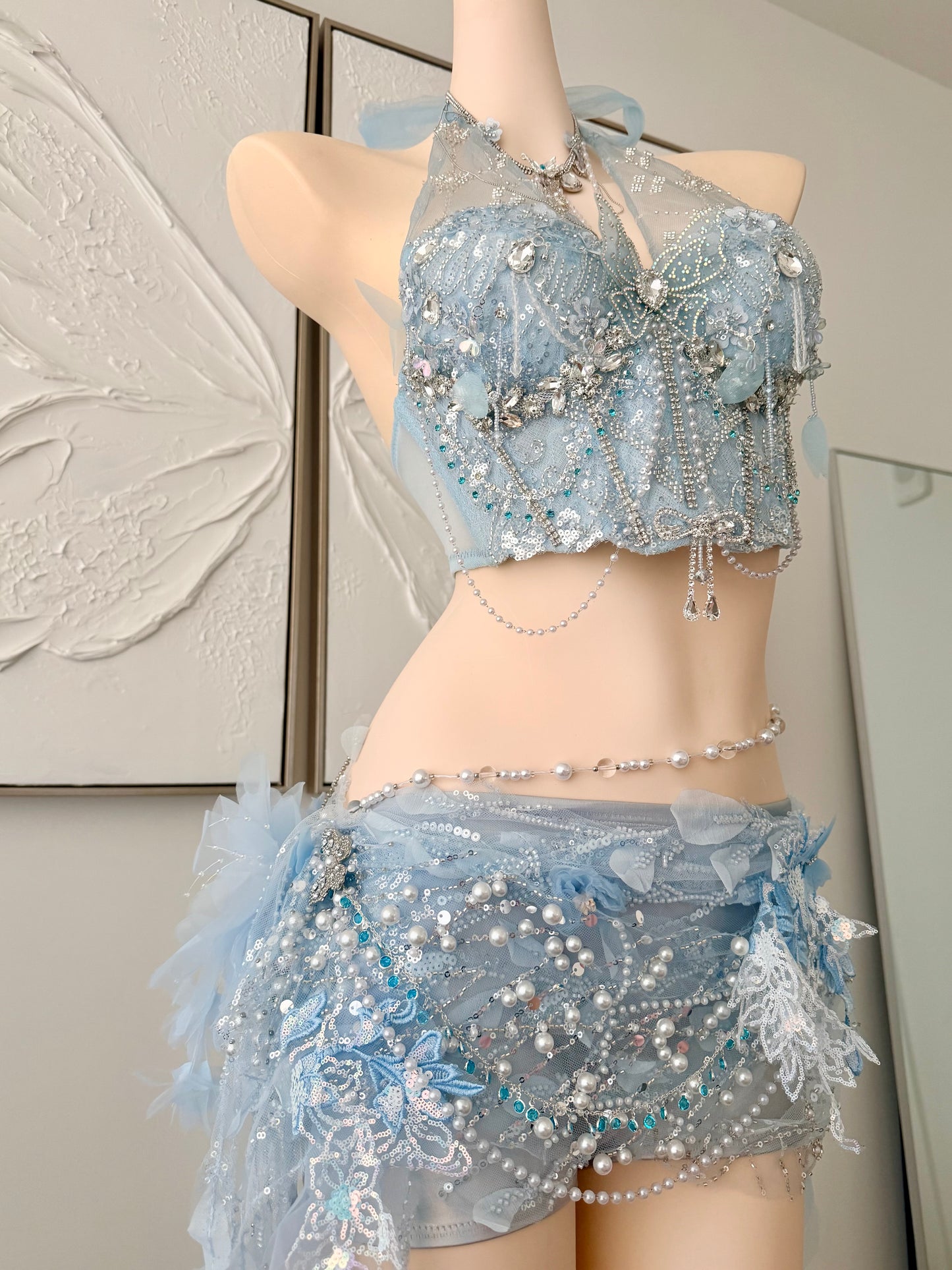 Moonlight Tide Fairy Set | Blue Floral Rave Festival Outfit | Top + Skirt + Shorts + Necklace + Waist Chain