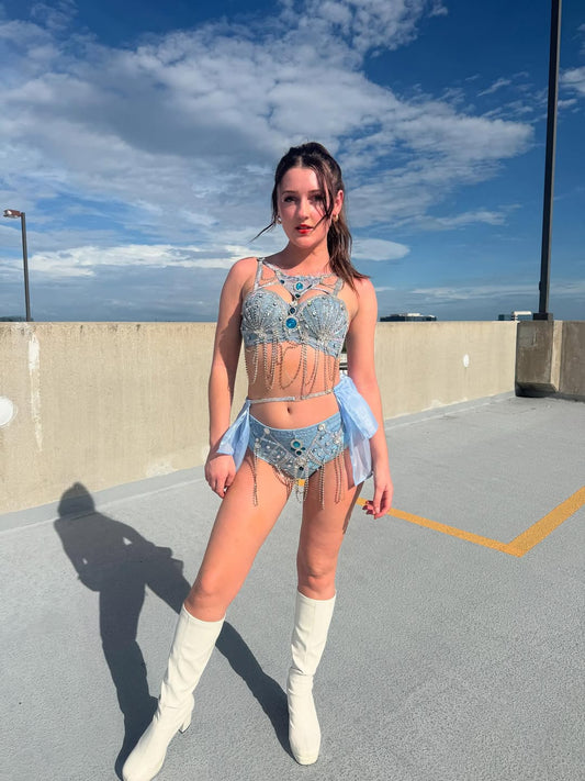 Royal Blue Top + Bottom + Skirt 3 Piece Rave Festival Outfit