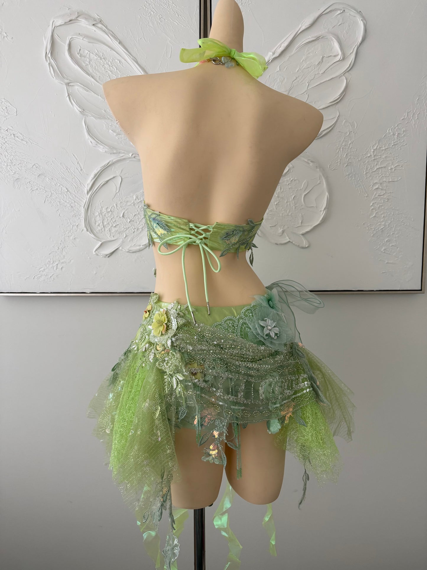 Forest Jewel Fairy Set | Green Floral Rave Festival Outfit | Top + Skirt + Shorts + Necklace