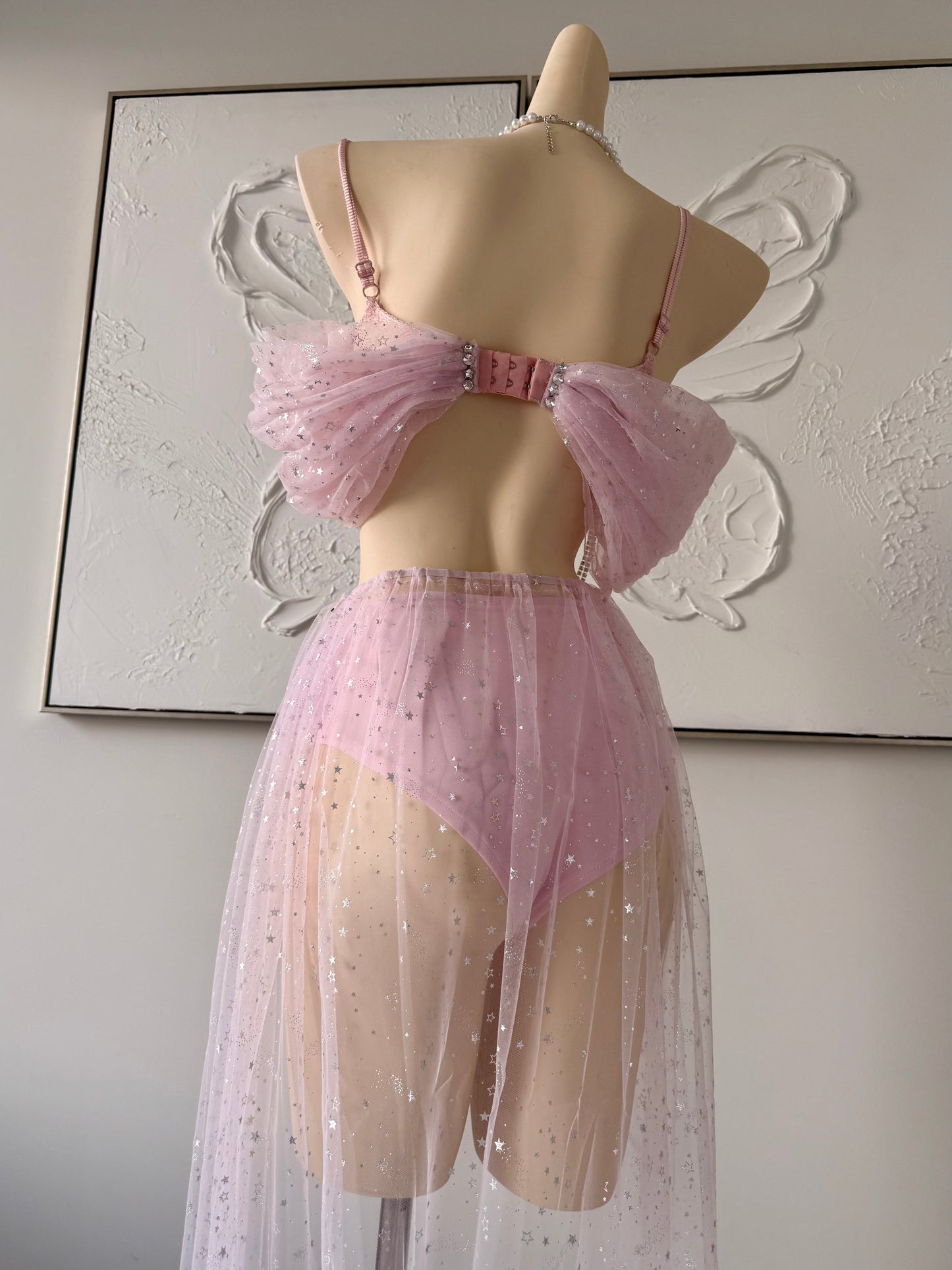 Blush Starlight Rave Festival Outfit | Pink Top + Bottom + Mesh Skirt