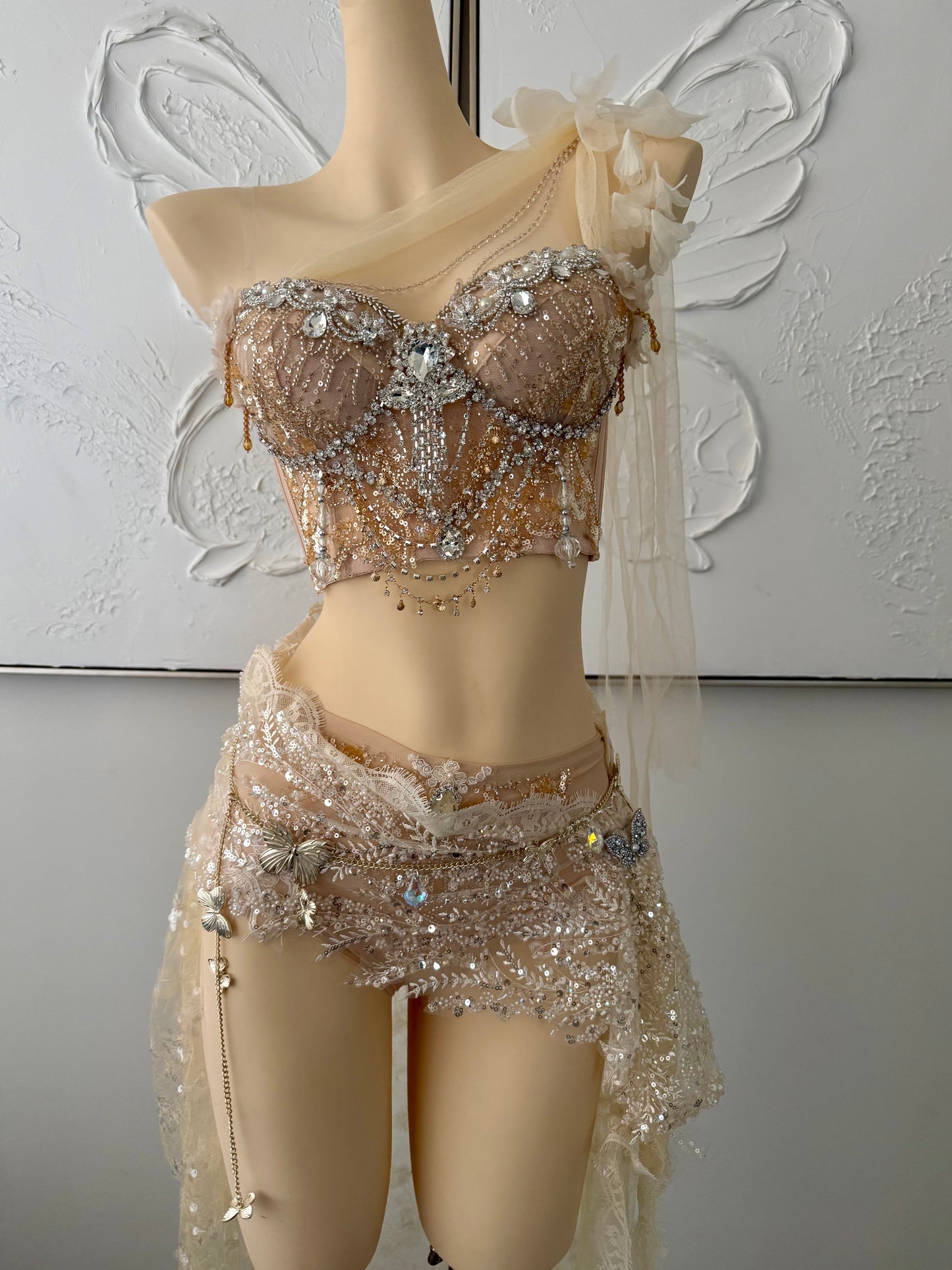 Olympian Glow Fairy Set | Champagne Rave Festival Outfit | Top + Panties + Skirts + Butterfly Waist Chain