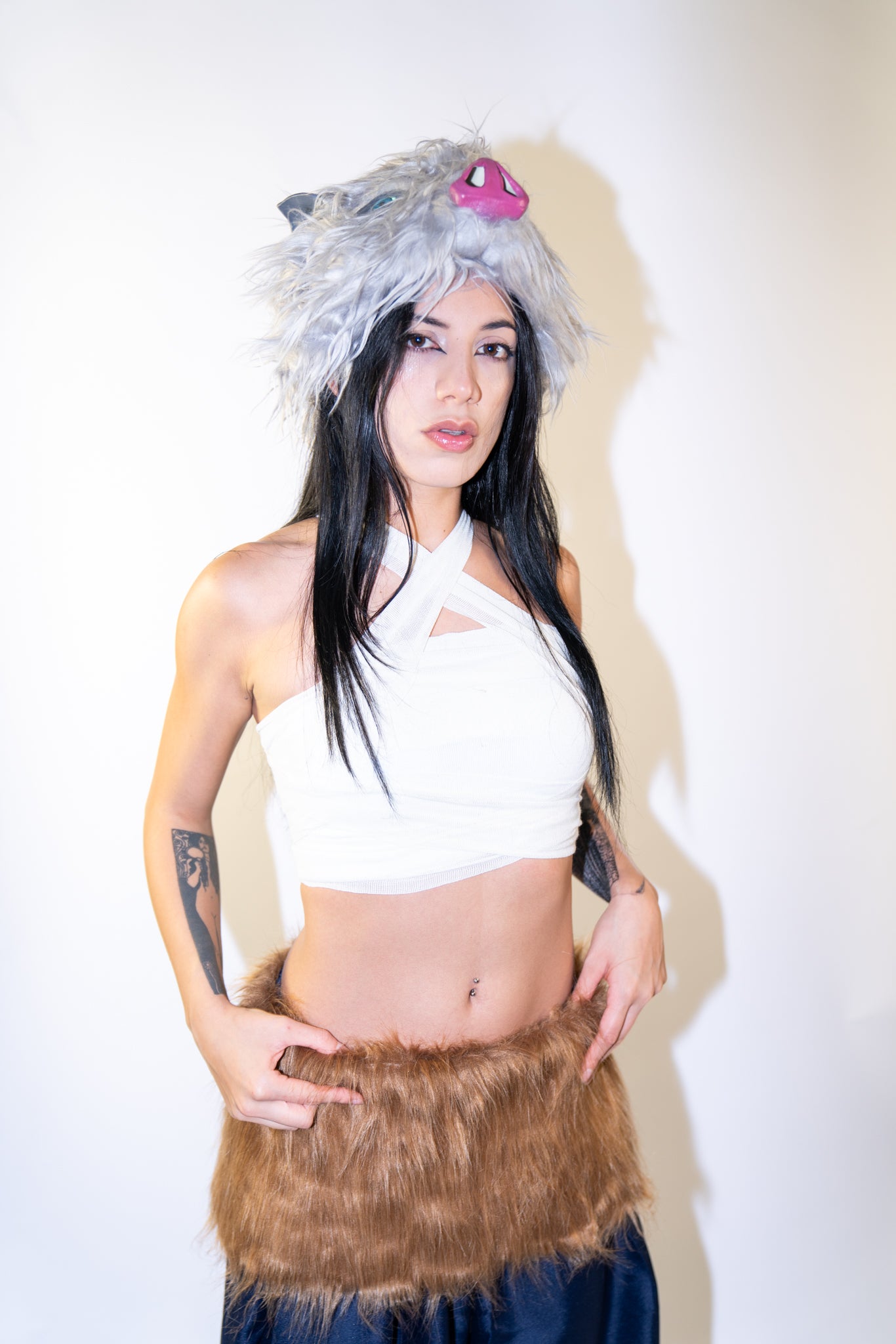 Demon Slayer Cosplay Costume for All Gender| Head Mask + Pants + Fur Skirt + Top + White Wrap 5 Piece Set