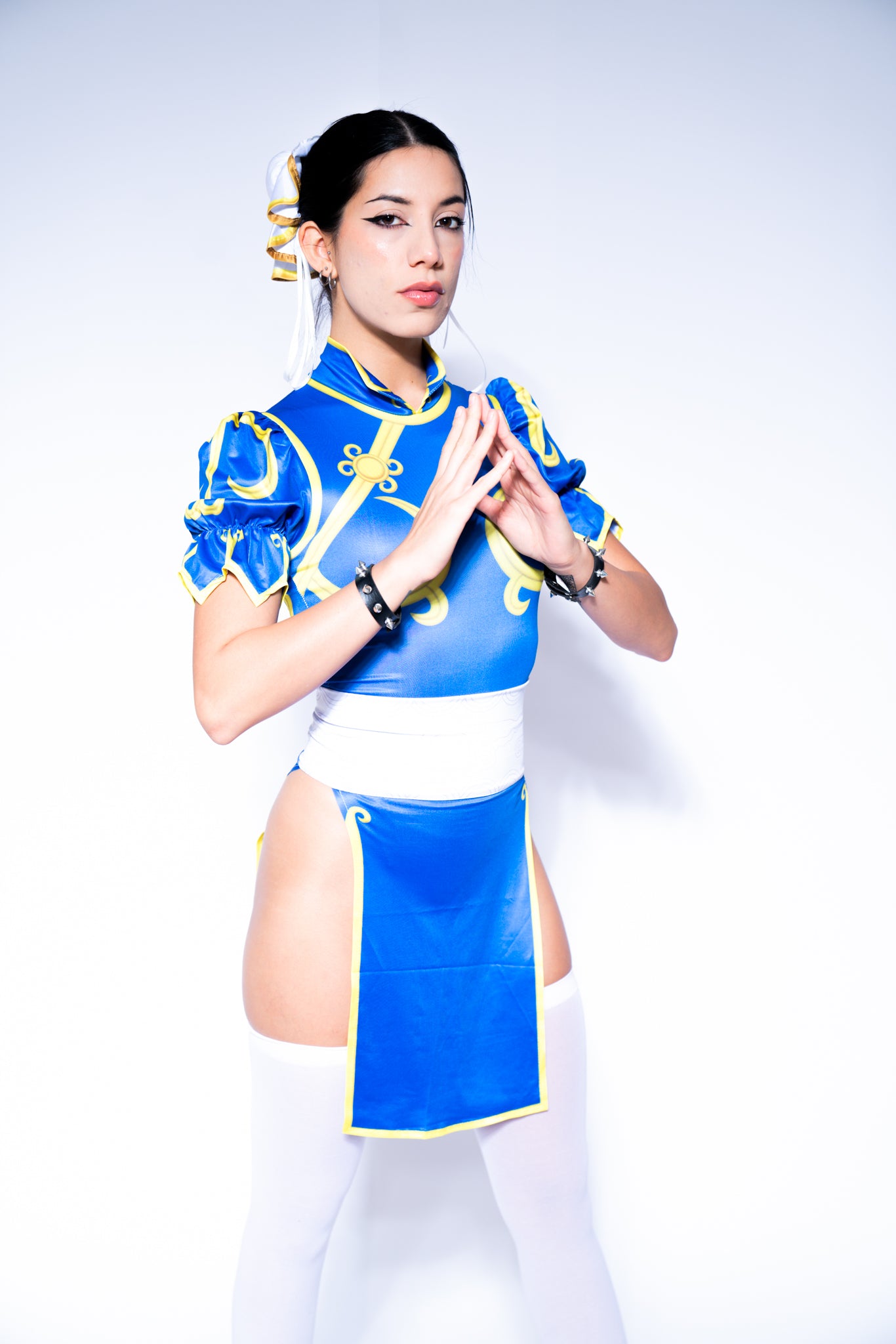 Street Fighter Chun-Li Costume | Dress + Hair Accessories + Leather Bracelets 3 Piece Set for Anime Cosplay / Halloween