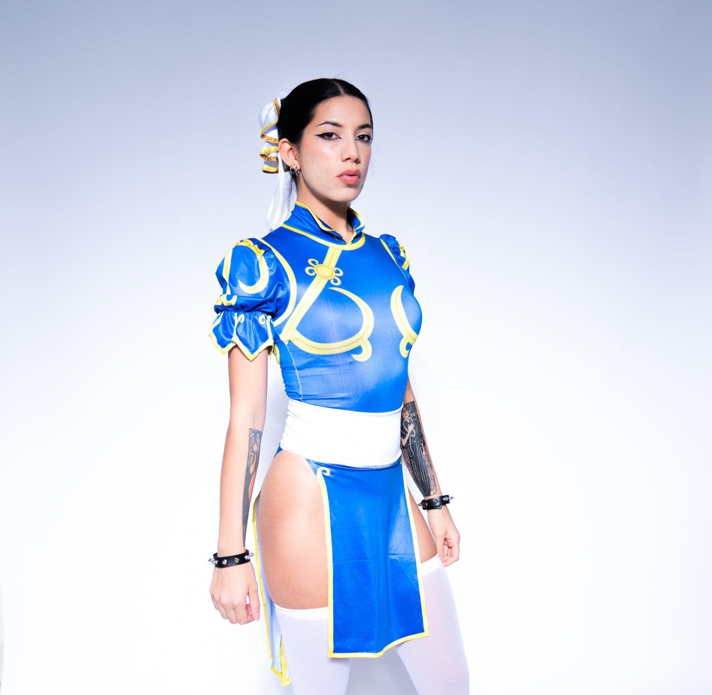 Street Fighter Chun-Li Costume | Dress + Hair Accessories + Leather Bracelets 3 Piece Set for Anime Cosplay / Halloween