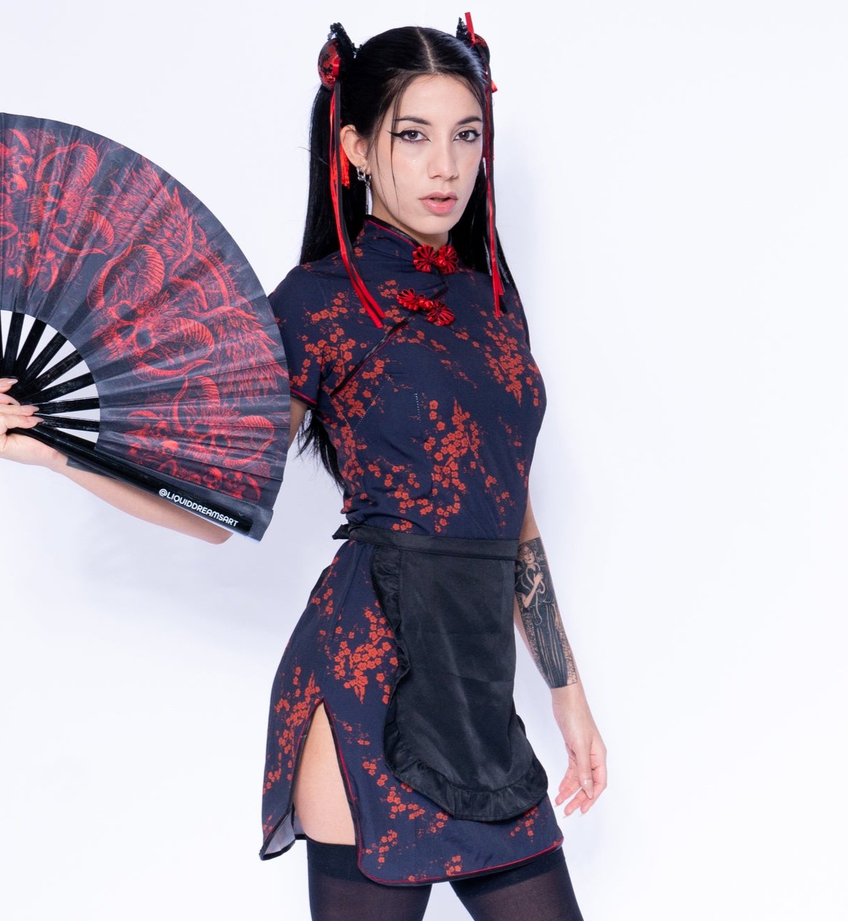 Anime Girl Festival Outfit ｜ Qipao Dress + Apron + Hair Accessaries 3 Piece Cosplay Costume