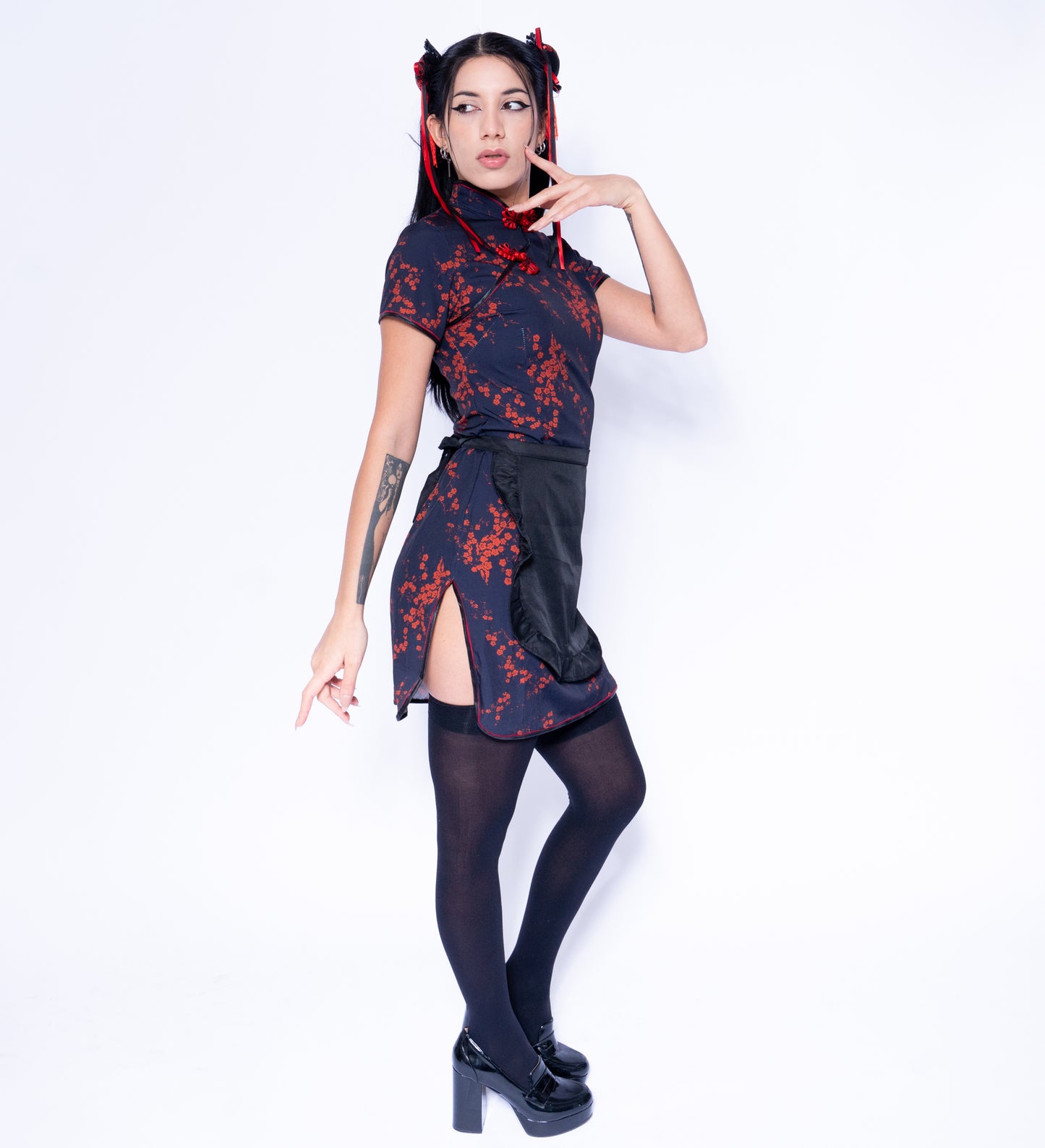 Anime Girl Festival Outfit ｜ Qipao Dress + Apron + Hair Accessaries 3 Piece Cosplay Costume