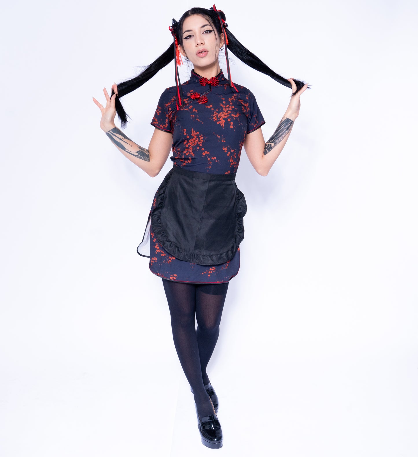 Anime Girl Festival Outfit ｜ Qipao Dress + Apron + Hair Accessaries 3 Piece Cosplay Costume