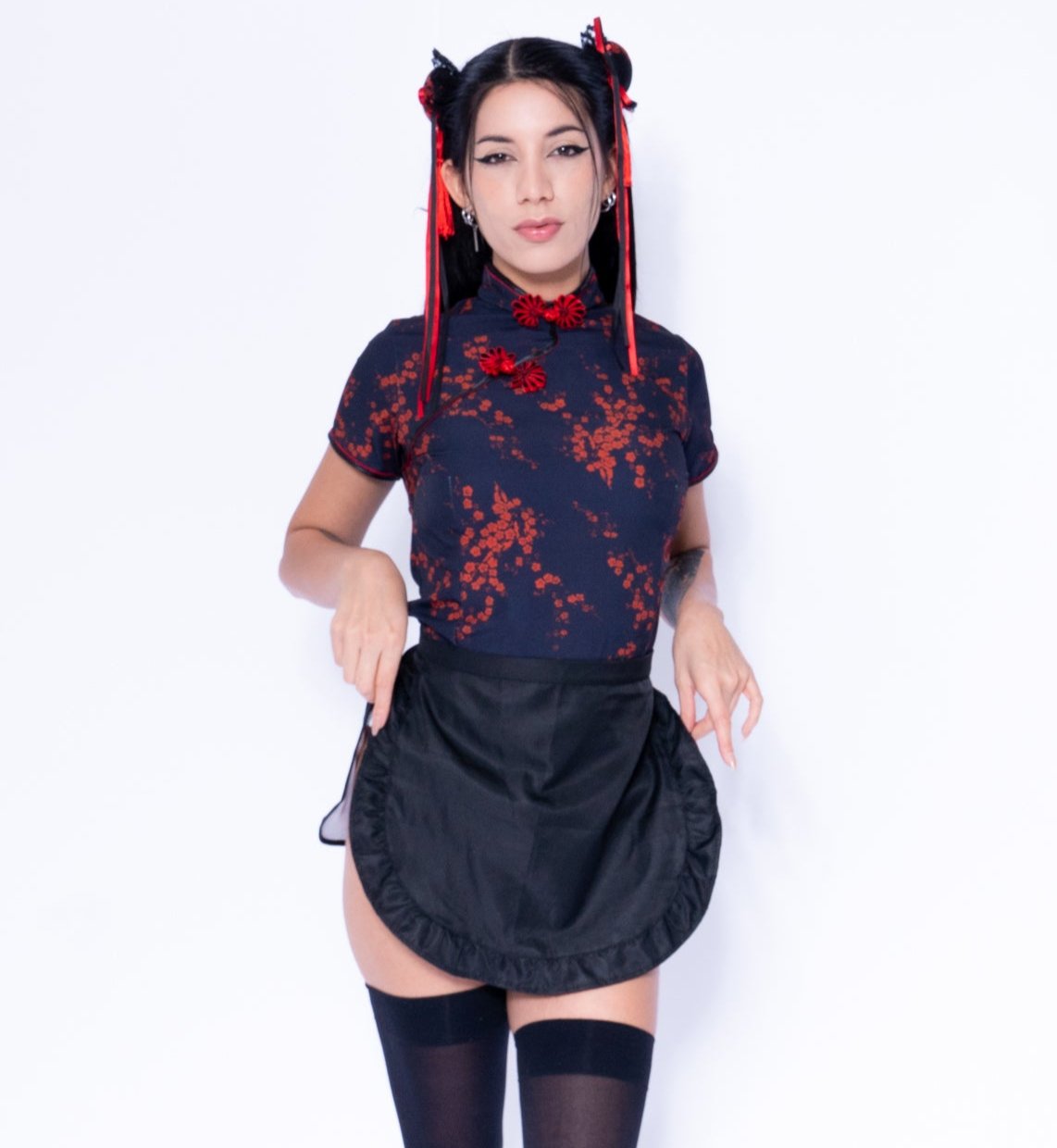 Anime Girl Festival Outfit ｜ Qipao Dress + Apron + Hair Accessaries 3 Piece Cosplay Costume