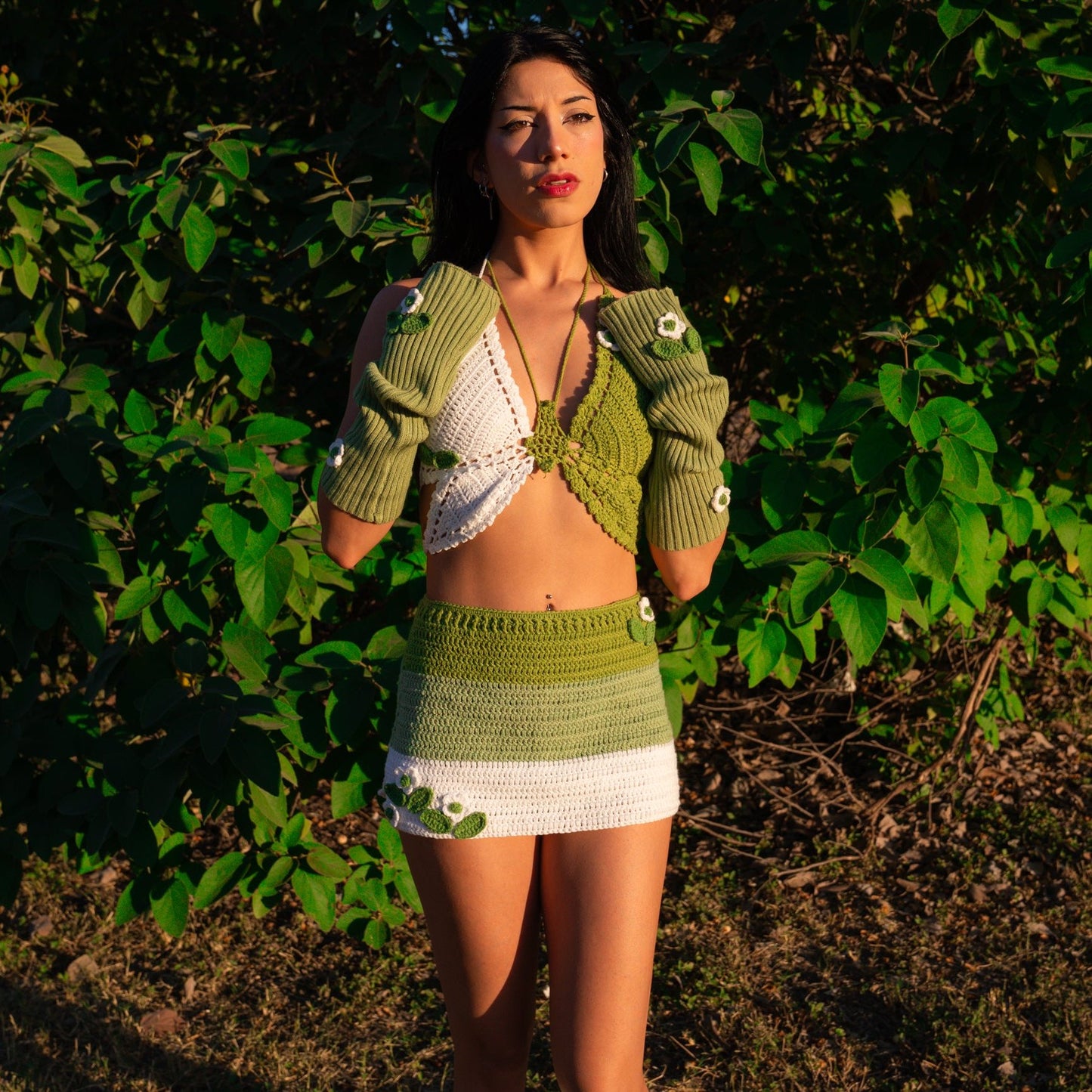 Green Fairy Handmade Crochet Rave Outfit | 4 Piece Set (Top + Skirt + Sleeves + Leg Warmers)