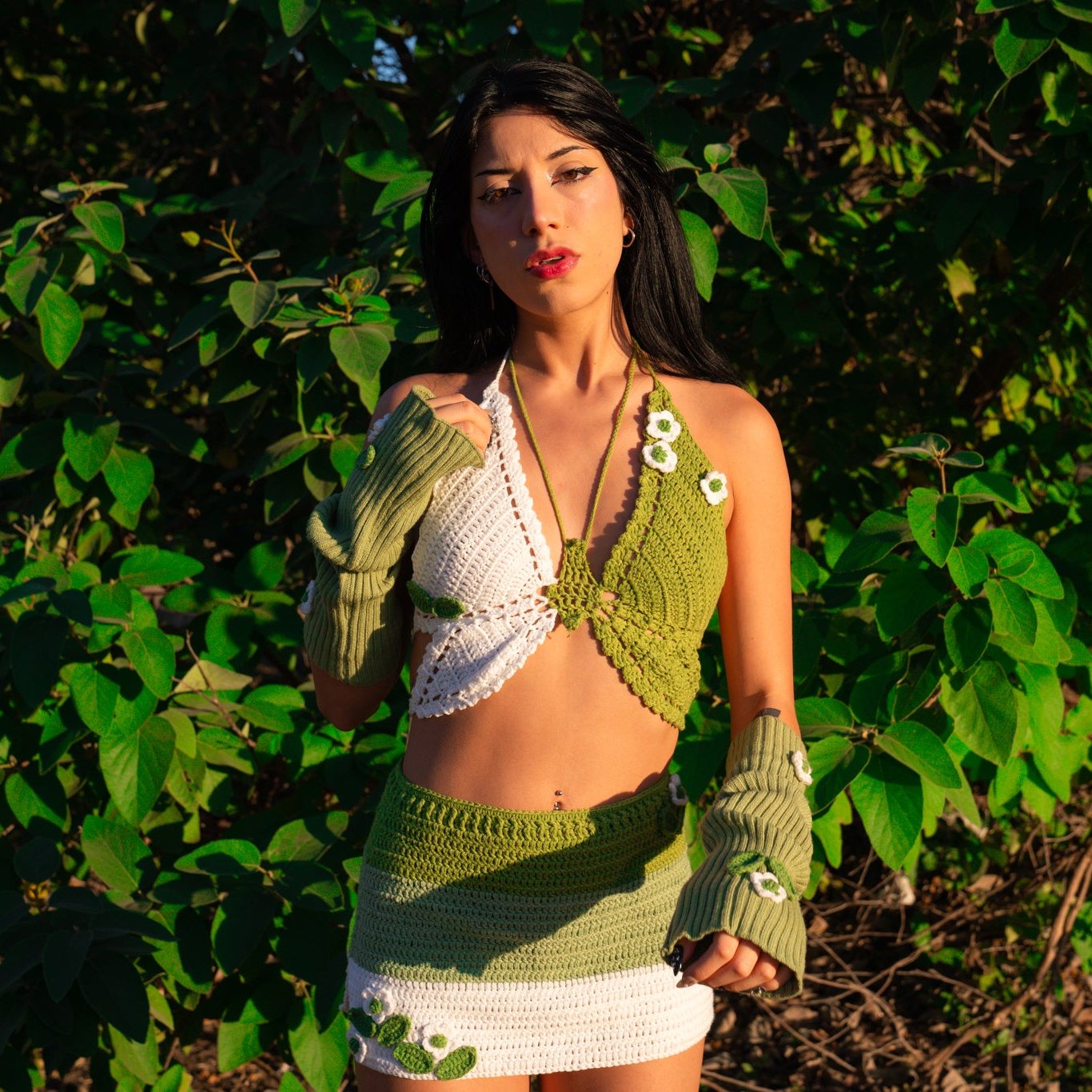 Green Fairy Handmade Crochet Rave Outfit | 4 Piece Set (Top + Skirt + Sleeves + Leg Warmers)