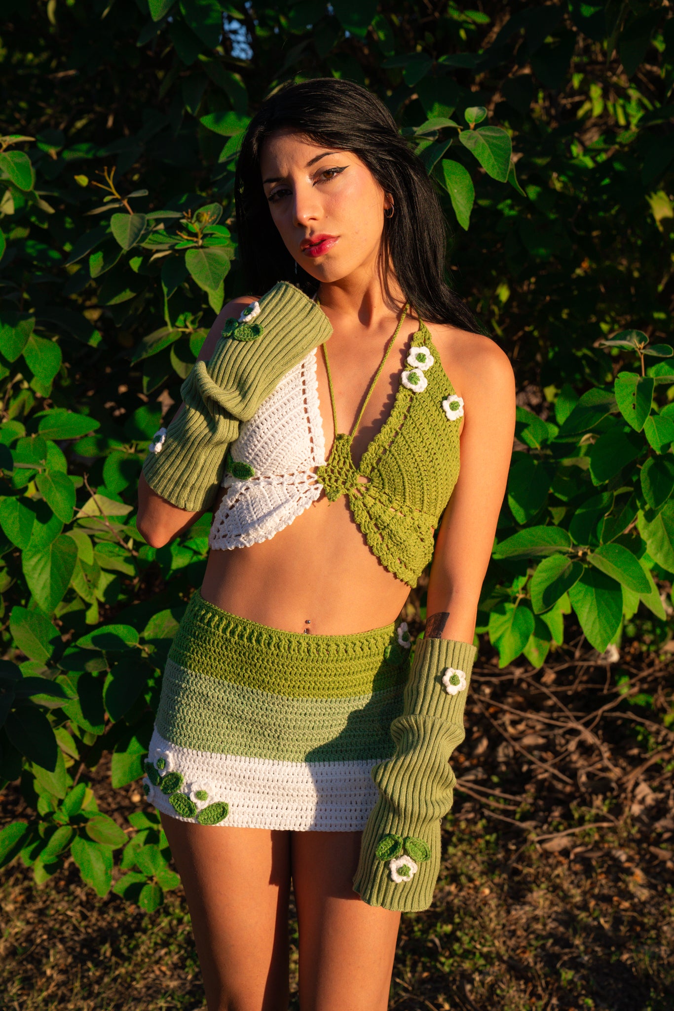 Electric Forest Green Crochet Rave Outfit | 4 Piece Set (Top + Skirt + NikkiLikki Electric Forest Green Crochet Rave Outfit | 4 Piece Set (Top + Skirt + NikkiLikki