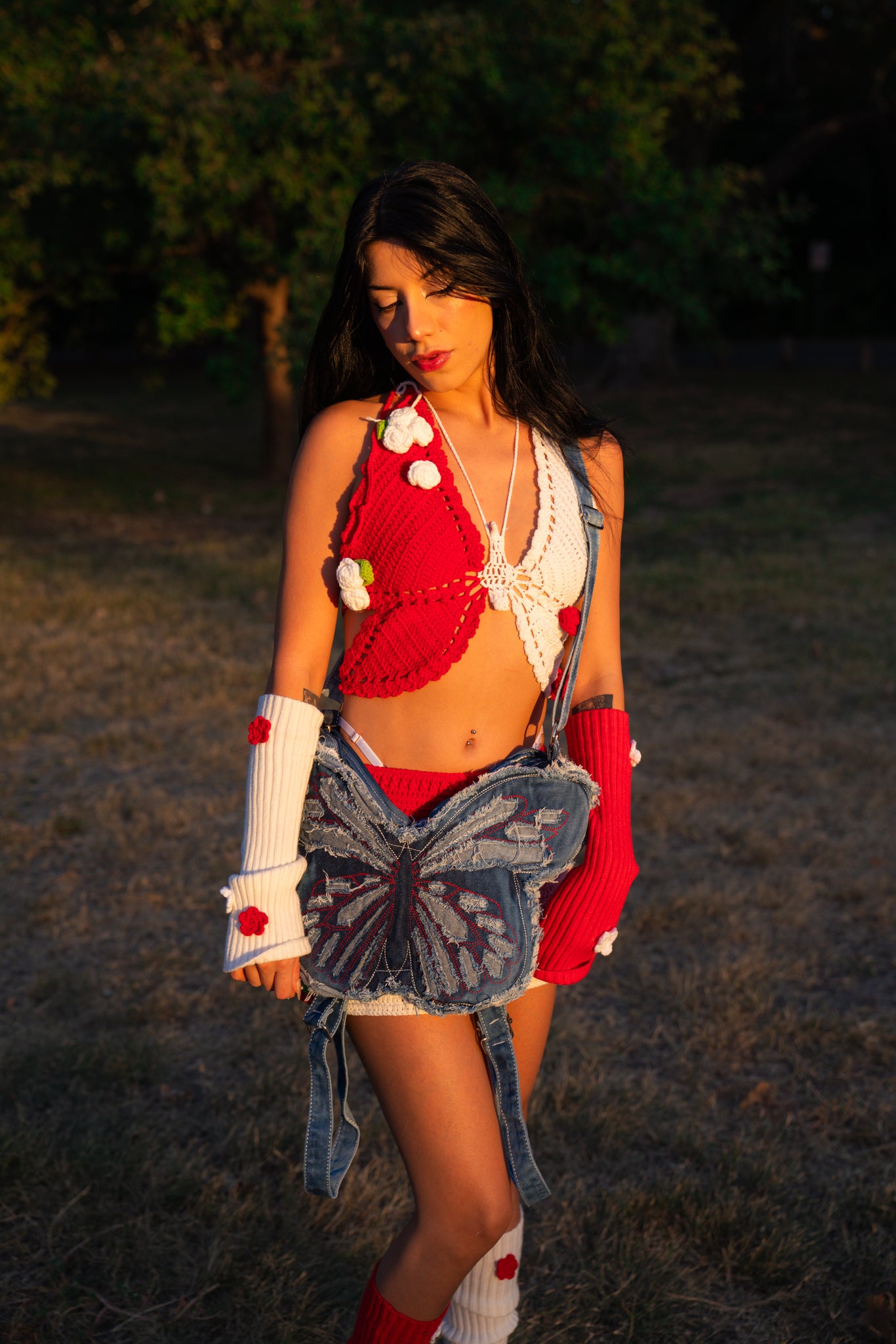 Red Fairy Knitted 4 Piece Rave Festival Set (Top + Skirt + Sleeves + Leg Warmers)