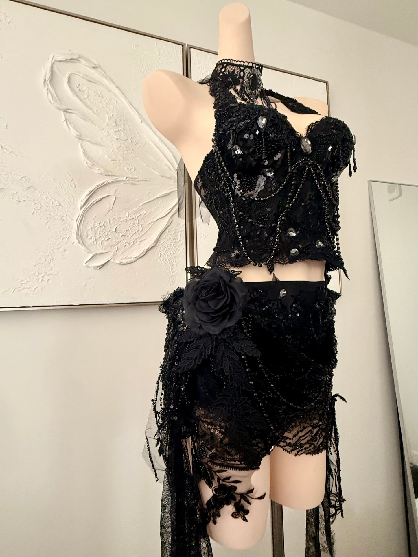 Nightshade Fae Fairy Set | Black Lace Rave Festival Outfit | Top + Skorts + Necklace