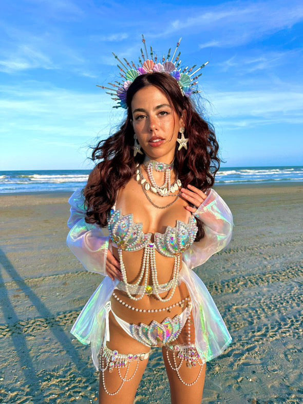 Deep Sea Diva Rave Festival Outfit | Bra + Panty + Short Skirt + Sleeves + Necklace