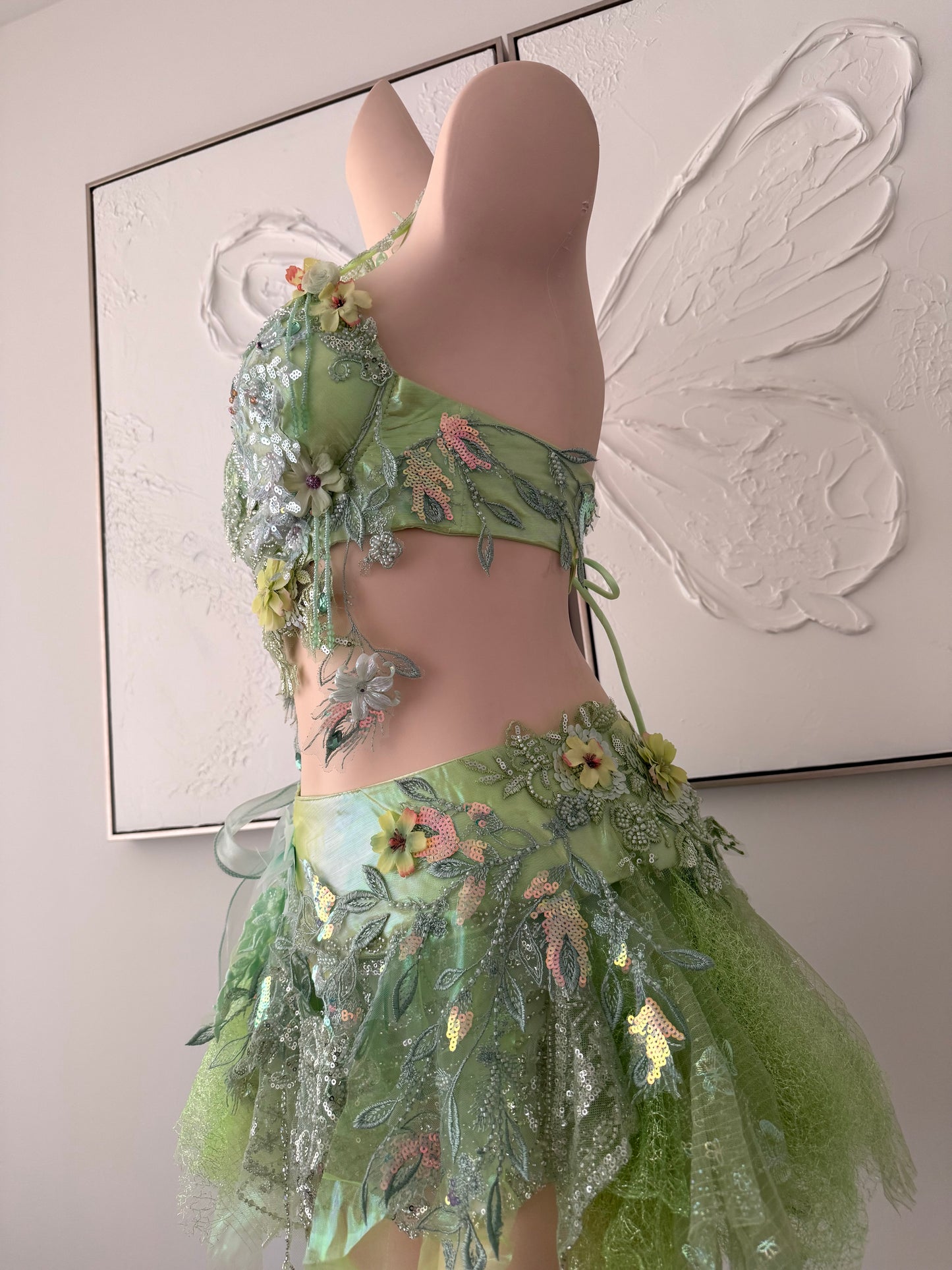 Forest Jewel Fairy Set | Green Floral Rave Festival Outfit | Top + Skirt + Shorts + Necklace