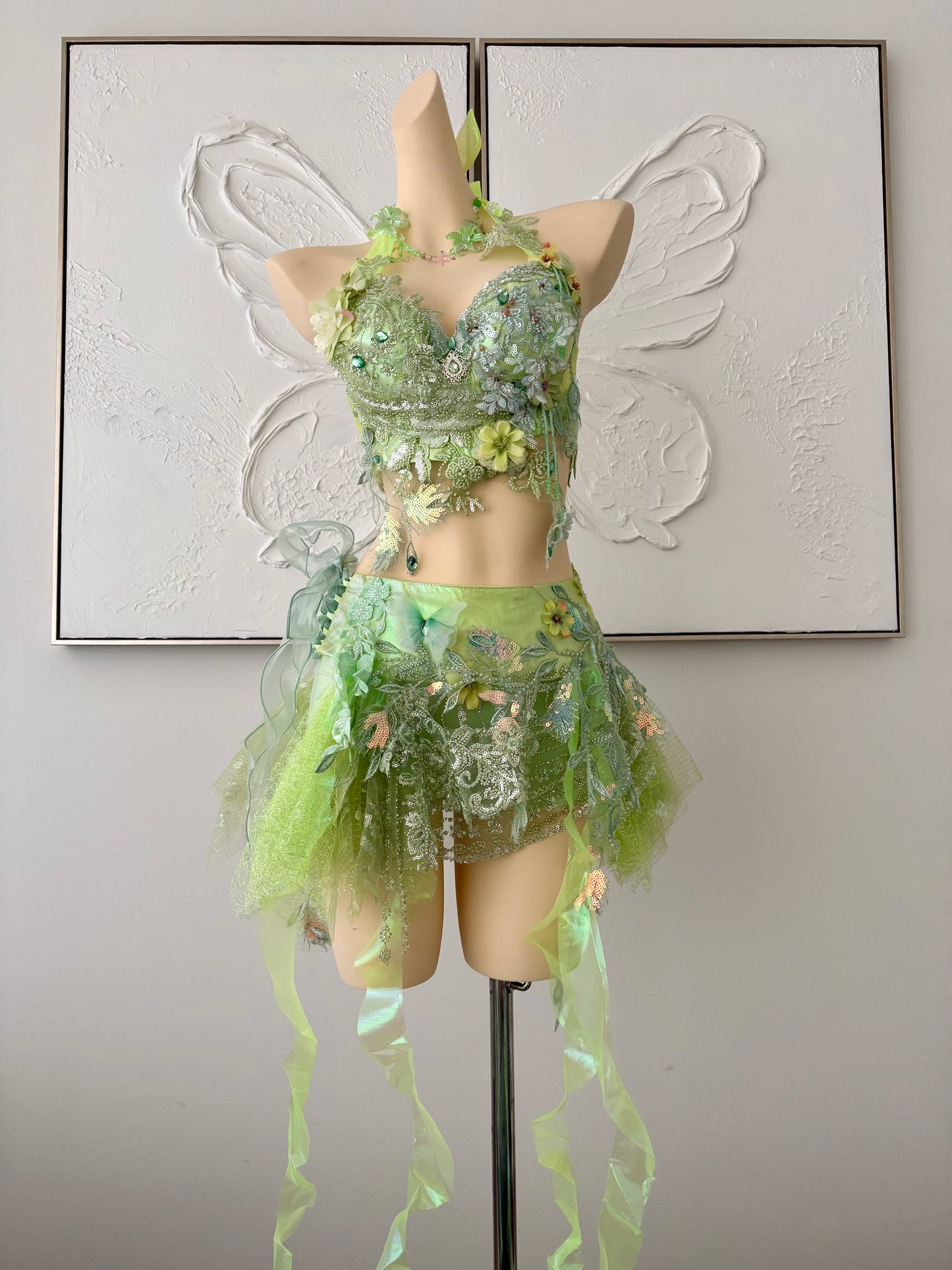 Forest Jewel Fairy Set | Green Floral Rave Festival Outfit | Top + Skirt + Shorts + Necklace