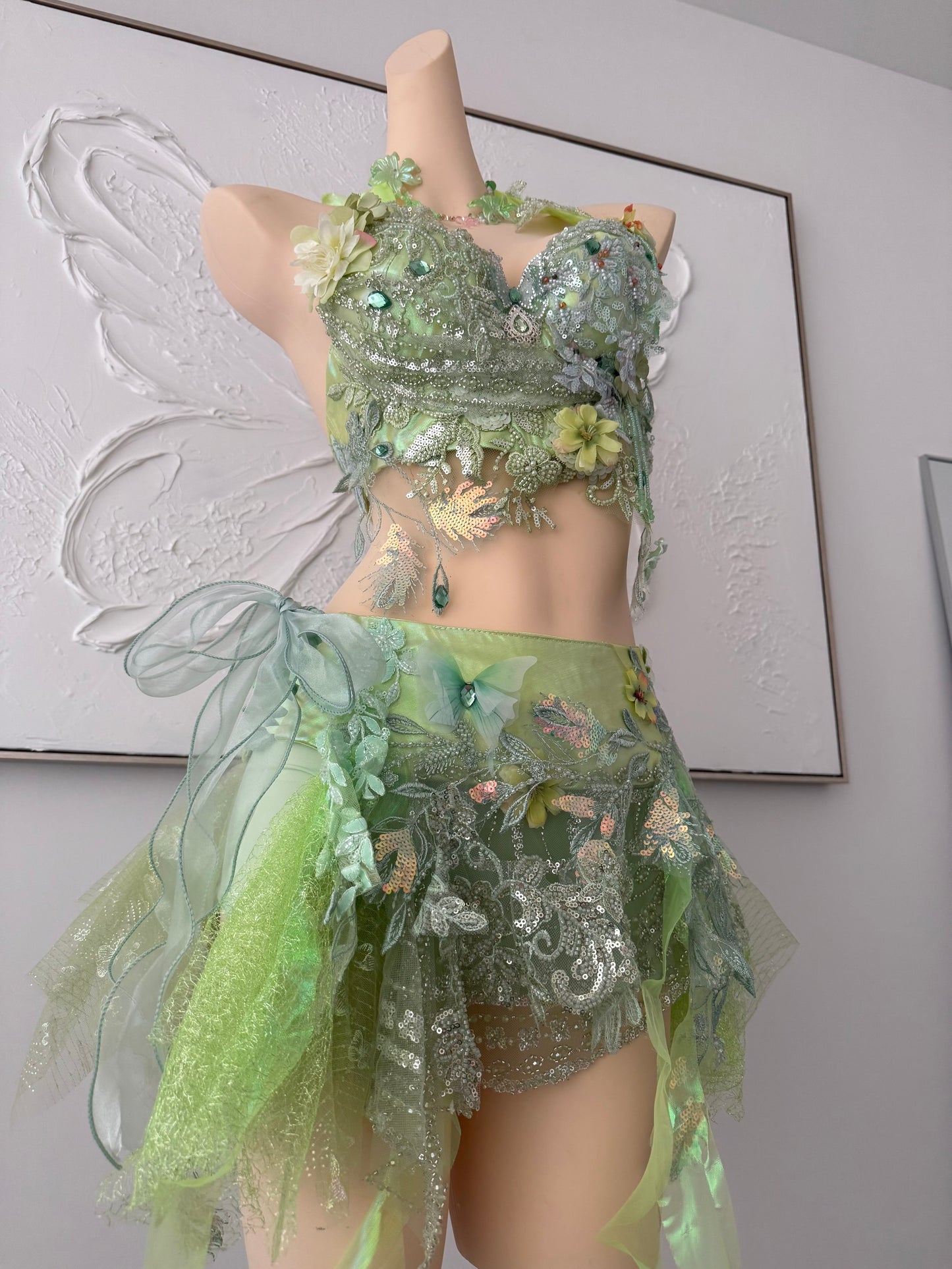 Forest Jewel Fairy Set | Green Floral Rave Festival Outfit | Top + Skirt + Shorts + Necklace