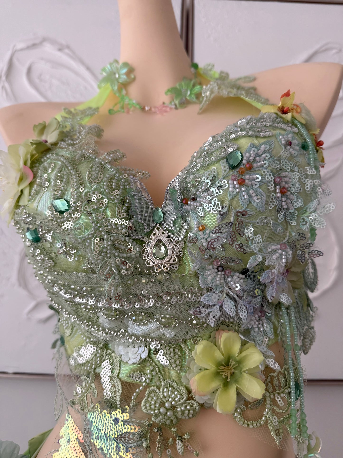 Forest Jewel Fairy Set | Green Floral Rave Festival Outfit | Top + Skirt + Shorts + Necklace