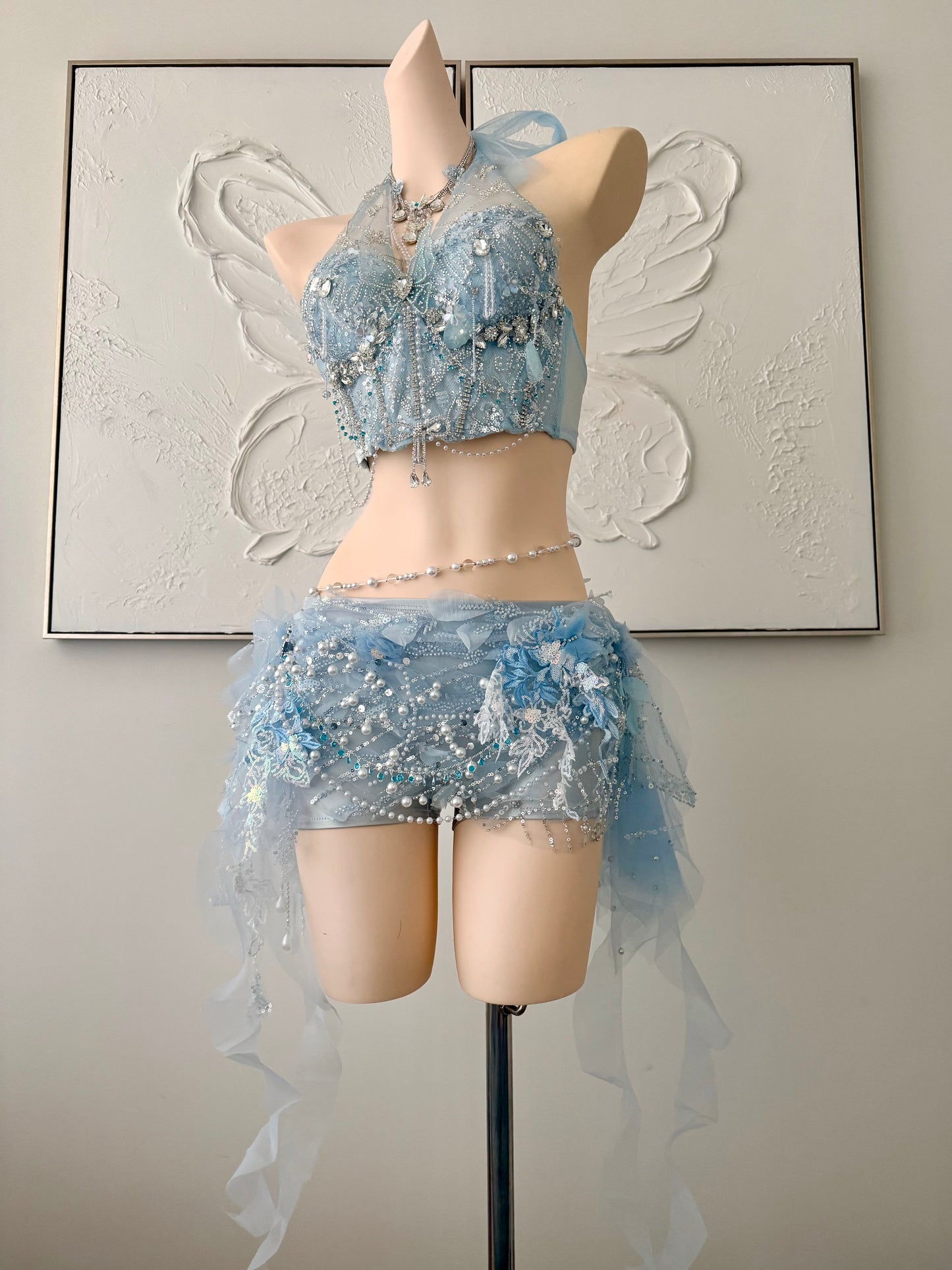 Moonlight Tide Fairy Set | Blue Floral Rave Festival Outfit | Top + Skirt + Shorts + Necklace + Waist Chain