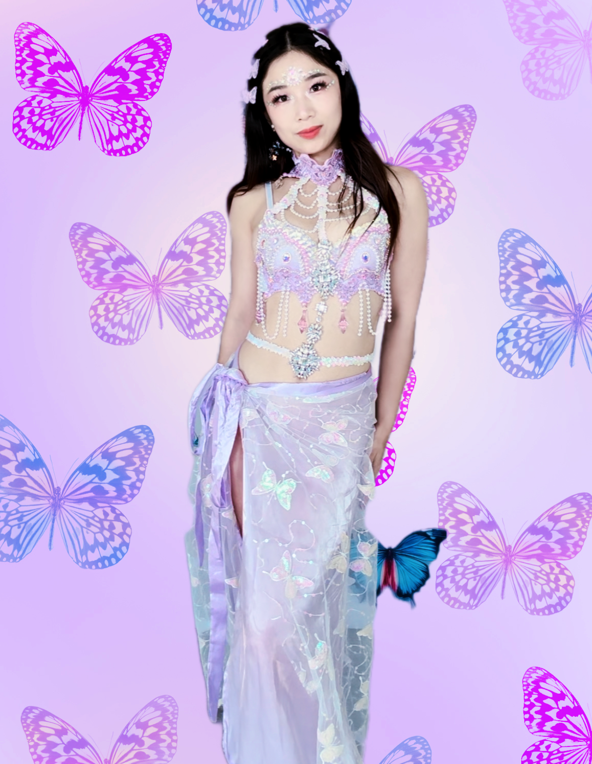 Violet Butterfly Rave Outfit (Long Skirt)｜Bra + Long Wrap Skirt + 2 Shining Ribbons 4 Piece Set