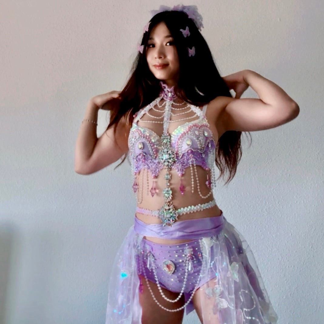 Violet Butterfly Rave Outfit (Short Skirt)｜Top + Panties + Short Wrap Skirt 3 Piece Set