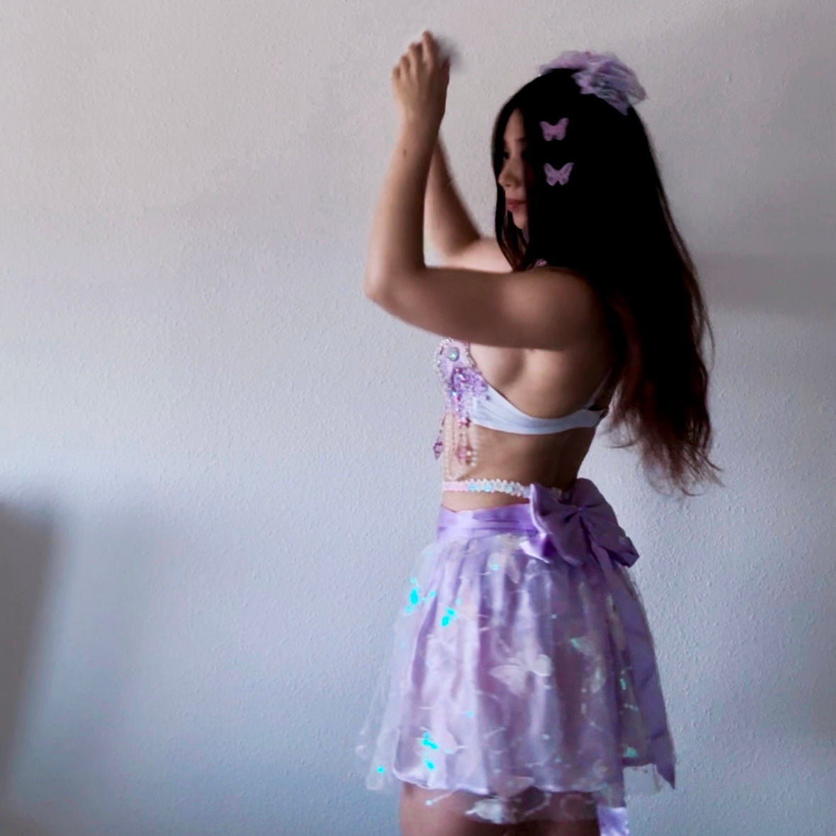 Violet Butterfly Rave Outfit (Short Skirt)｜Top + Panties + Short Wrap Skirt 3 Piece Set