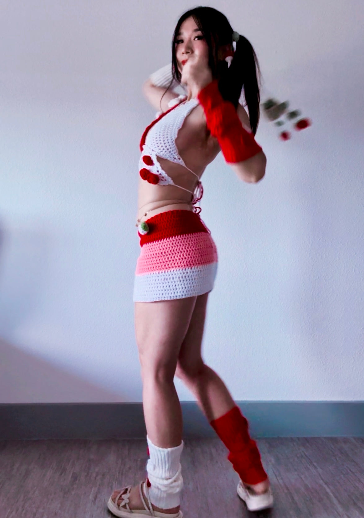 Red Fairy Knitted 4 Piece Rave Festival Set (Top + Skirt + Sleeves + Leg Warmers)