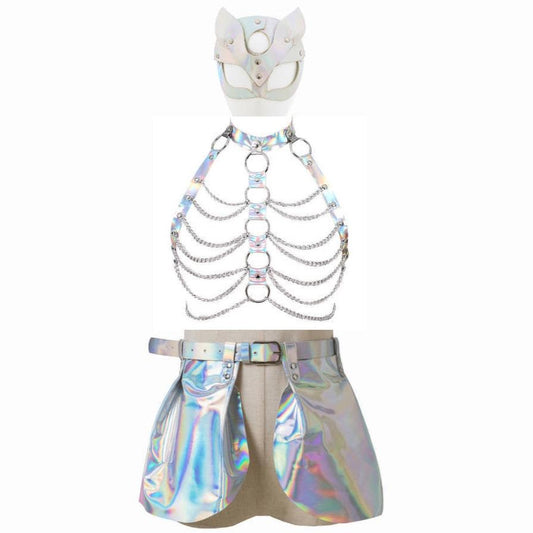 Laser Cat Rave Outfit| Leather Chain Tassel Harness+ Skirt + Mask 3 Piece Set