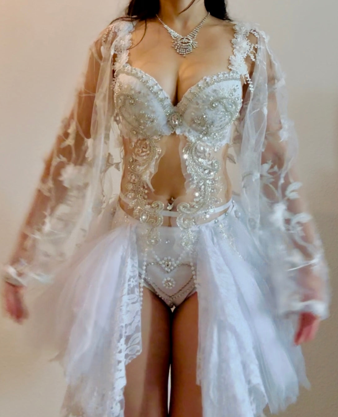 Dreamy White Bridal Rave Set| Bra + Panties + Skirt + Mesh Coat + Necklace