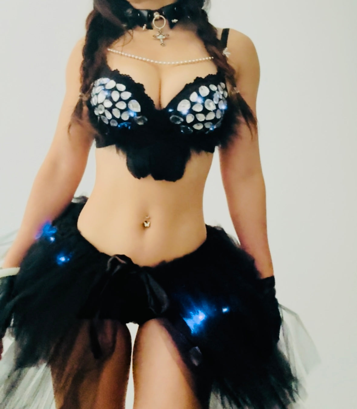 LED Baddie Rave Outfit | LED Bra + LED Tutu Skirt + Black Shorts 3 Piece Set