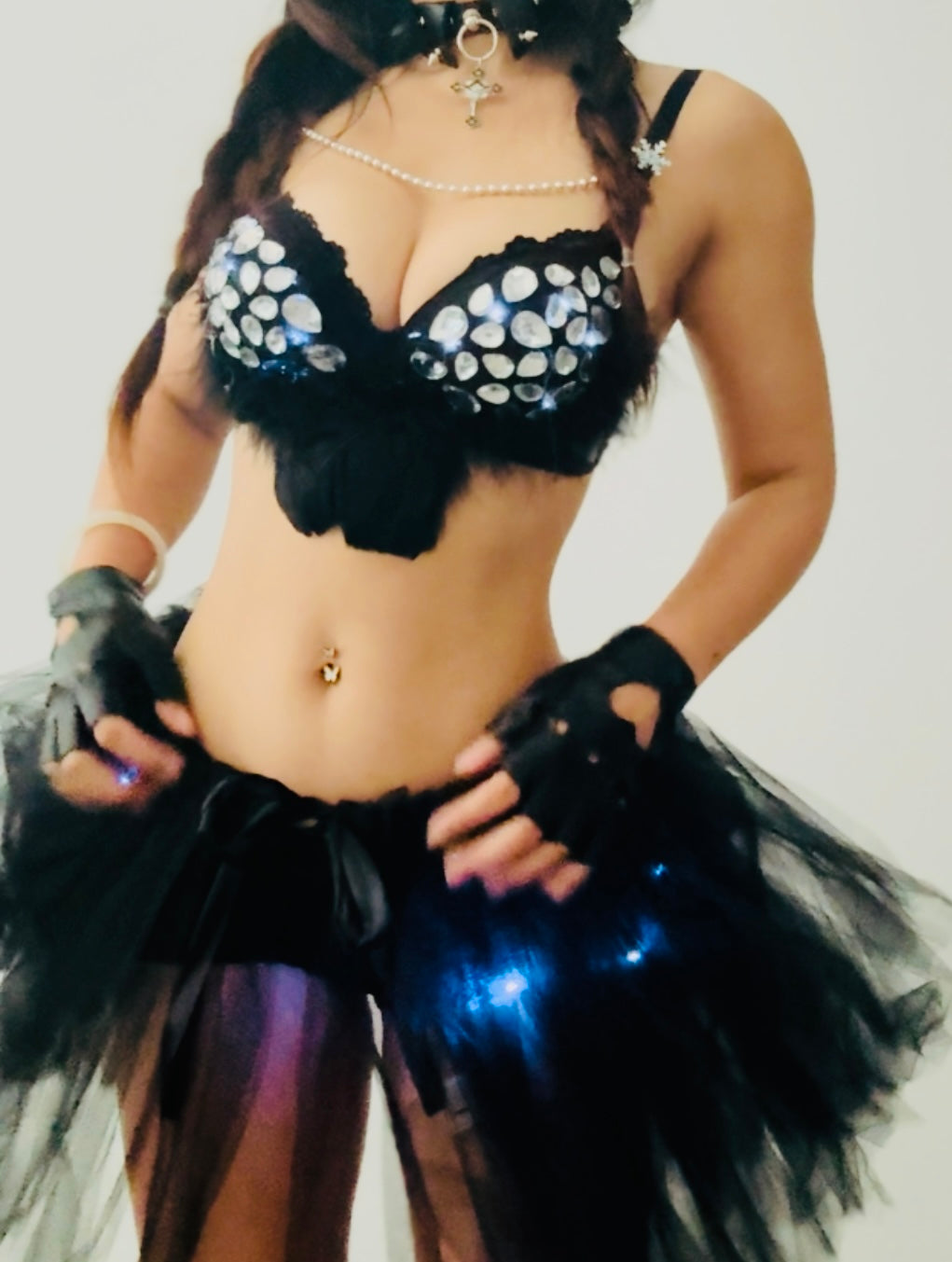 LED Baddie Rave Outfit | LED Bra + LED Tutu Skirt + Black Shorts 3 Piece Set