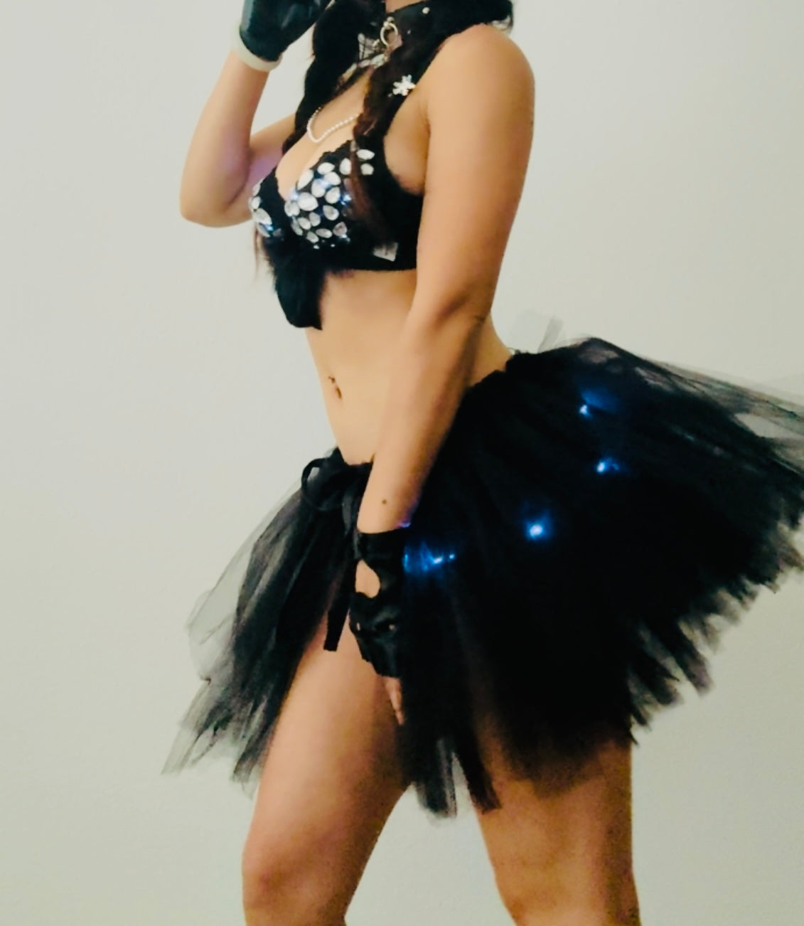 LED Baddie Rave Outfit | LED Bra + LED Tutu Skirt + Black Shorts 3 Piece Set