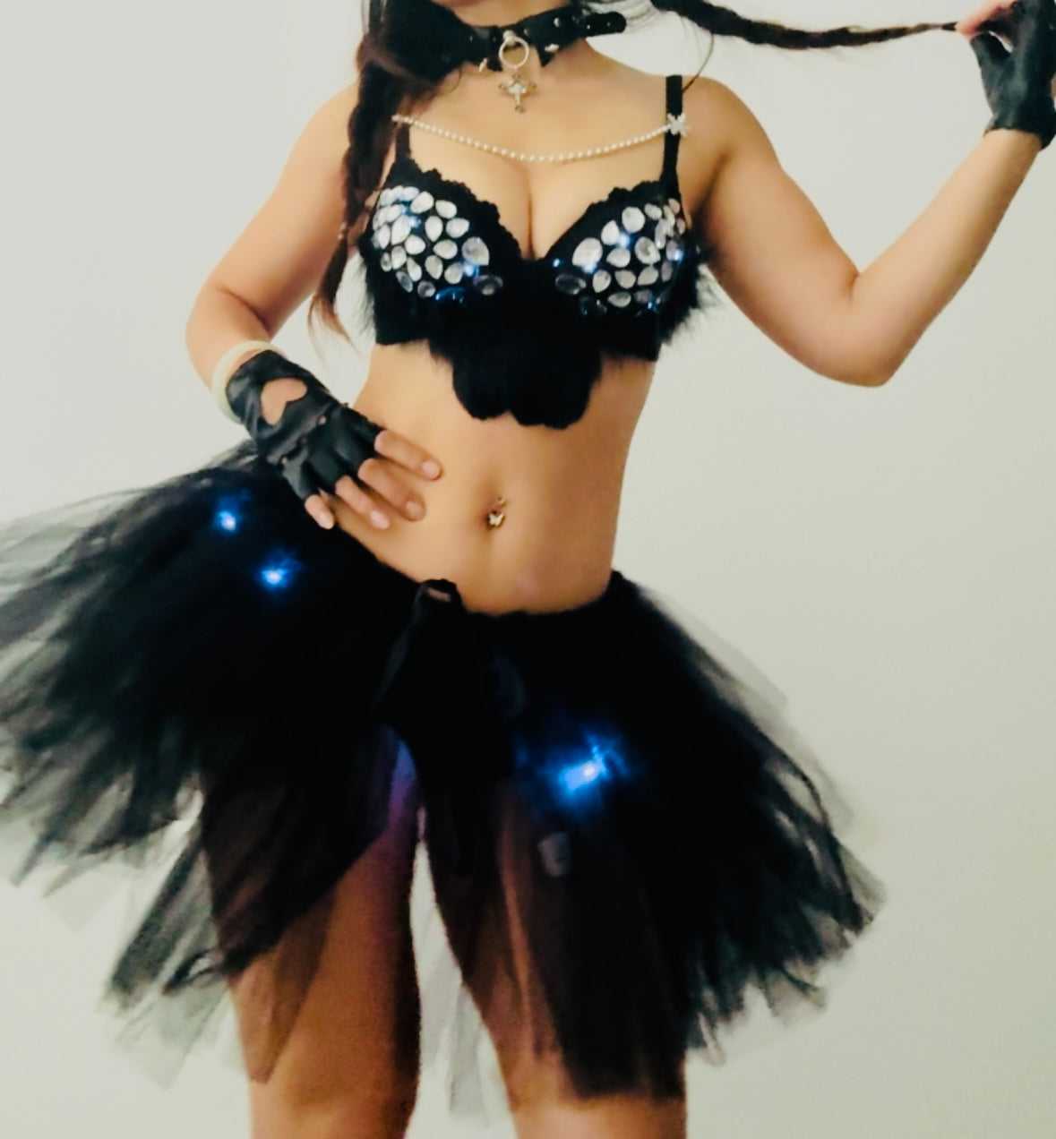 LED Baddie Rave Outfit | LED Bra + LED Tutu Skirt + Black Shorts 3 Piece Set