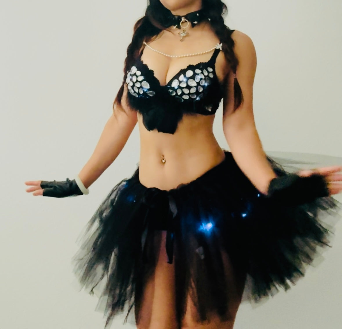 LED Baddie Rave Outfit | LED Bra + LED Tutu Skirt + Black Shorts 3 Piece Set