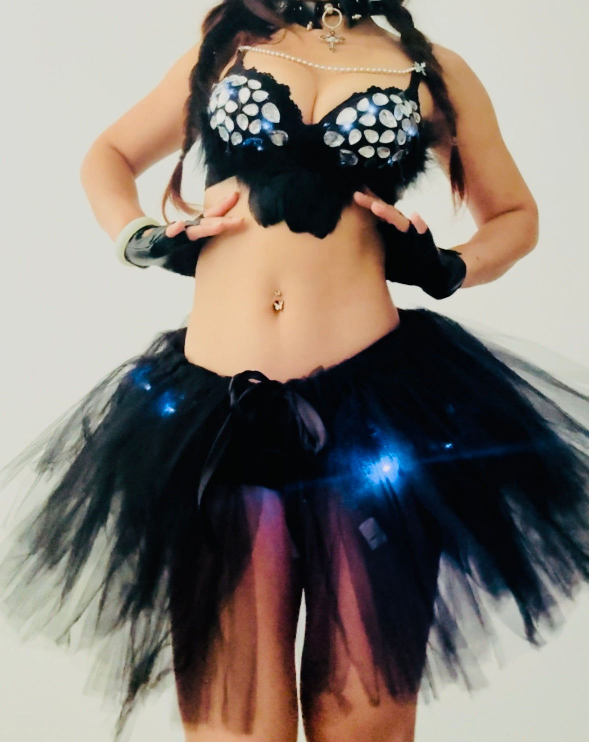 LED Baddie Rave Outfit | LED Bra + LED Tutu Skirt + Black Shorts 3 Piece Set