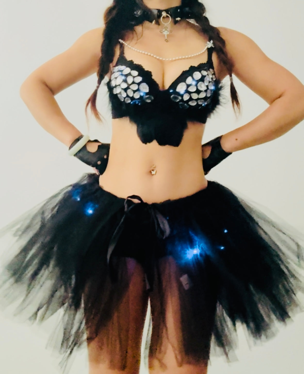 LED Baddie Rave Outfit | LED Bra + LED Tutu Skirt + Black Shorts 3 Piece Set