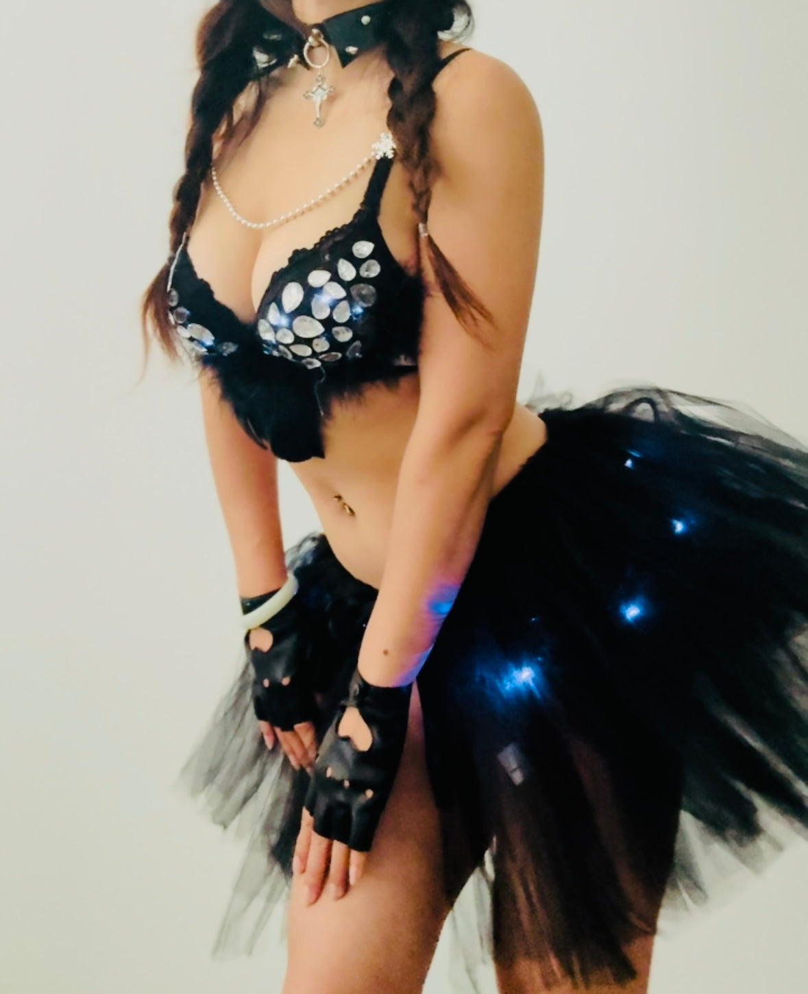 LED Baddie Rave Outfit | LED Bra + LED Tutu Skirt + Black Shorts 3 Piece Set