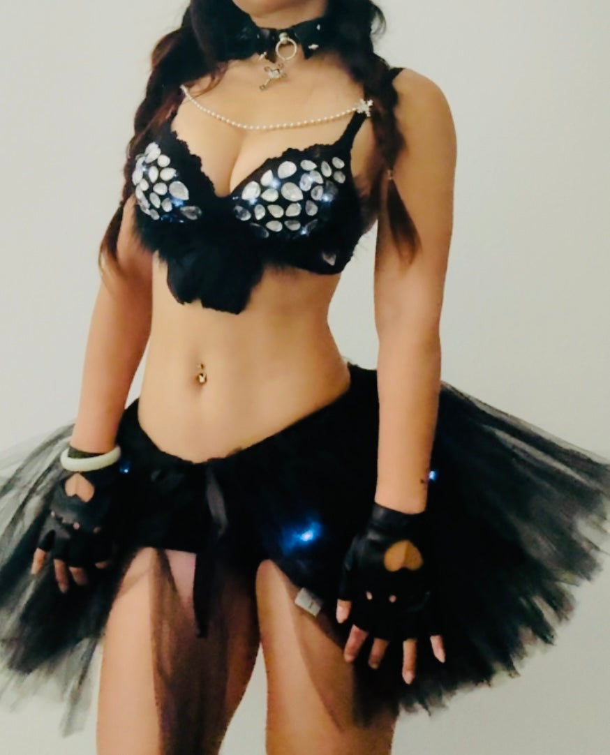 LED Baddie Rave Outfit | LED Bra + LED Tutu Skirt + Black Shorts 3 Piece Set