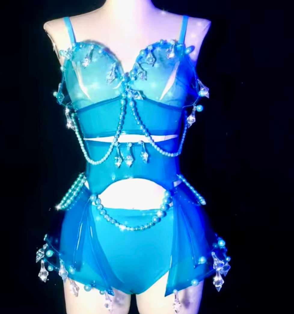 Sapphire Rave Outfit | Bra + Skirt + Wristbands + Hat 4 Piece Set