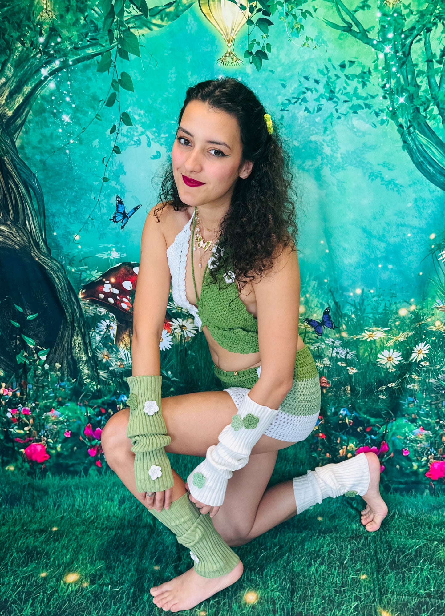 Green Fairy Handmade Crochet Rave Outfit | 4 Piece Set (Top + Skirt + Sleeves + Leg Warmers)